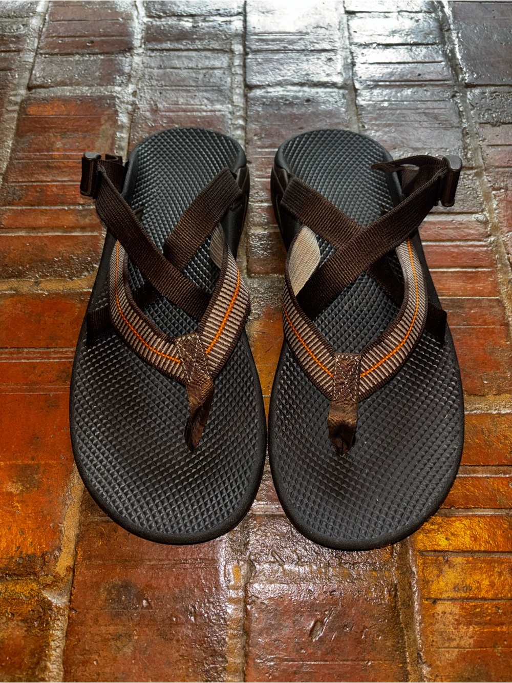 Chaco Brown and Black Sandals with Orange Stitching